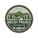 Brush Prairie, Washington Logo - Featuring Evergreen Trees, Rolling Hills, and a Creek