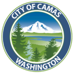 City of Camas Logo - Featuring Mount Hood, Evergreen Trees, and a River