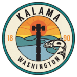 City of Kalama Logo - Featuring a Totem Pole, Salmon, and Sunset