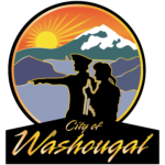 City of Washougal Logo - Featuring Silhouettes of Explorers and a Mountain Sunrise